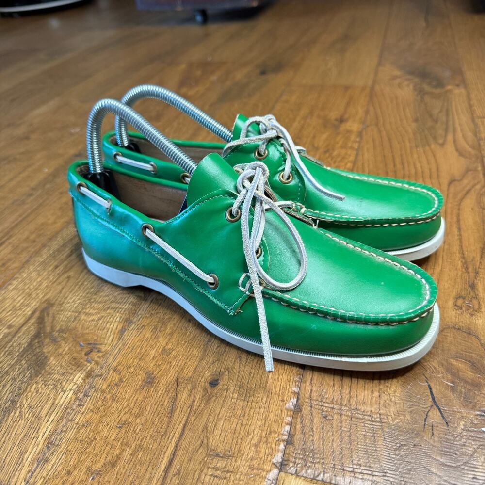 Vintage Deck Huggers Green Leather Boat Shoes 2-Eye USA Womens Sz 9 M - Picture 3 of 7